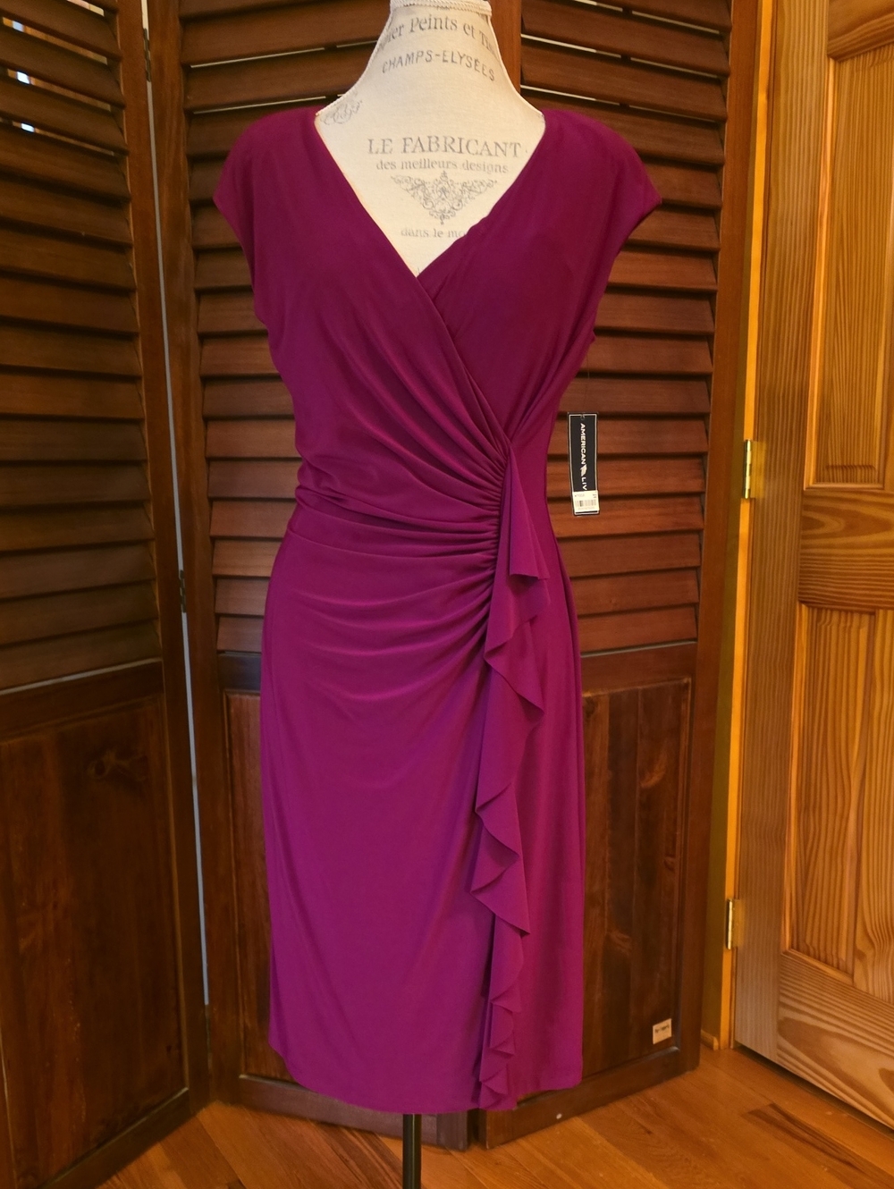 American Living Plum Ruched V-Neck Midi Dress